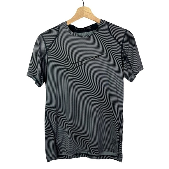 Nike Dr-Fit Gray & Black Stripe Short Sleeve Athletic Top L - Picture 1 of 4
